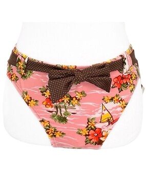 NEW bare assets Pink Plumeria Surf Brown Polka Dot High Waist Bikini Bottoms M